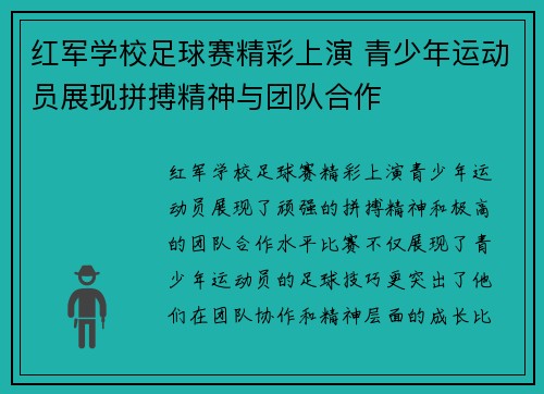 红军学校足球赛精彩上演 青少年运动员展现拼搏精神与团队合作