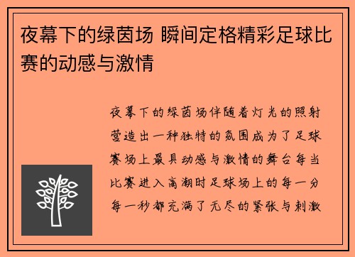 夜幕下的绿茵场 瞬间定格精彩足球比赛的动感与激情