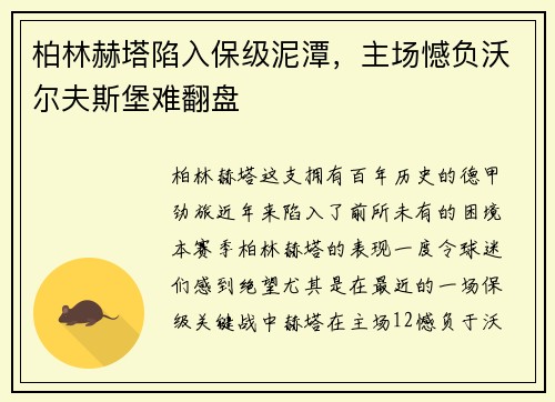 柏林赫塔陷入保级泥潭，主场憾负沃尔夫斯堡难翻盘