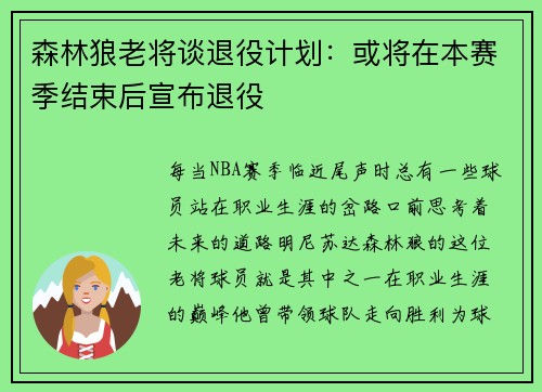 森林狼老将谈退役计划：或将在本赛季结束后宣布退役