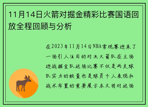 11月14日火箭对掘金精彩比赛国语回放全程回顾与分析