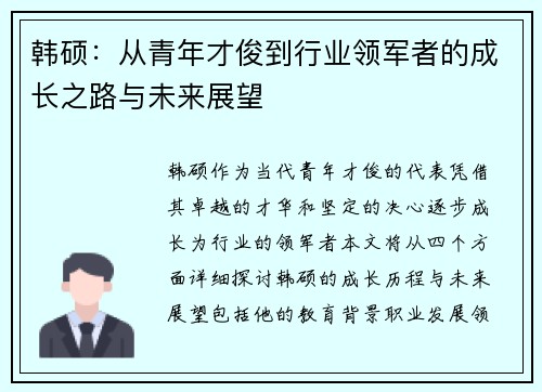 韩硕：从青年才俊到行业领军者的成长之路与未来展望
