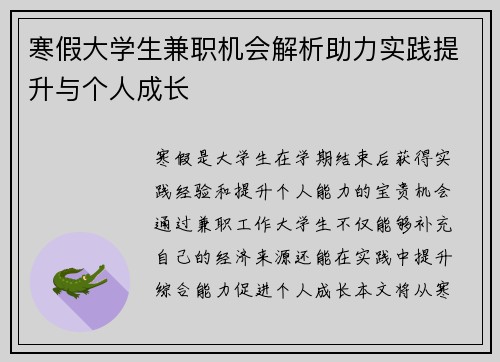 寒假大学生兼职机会解析助力实践提升与个人成长
