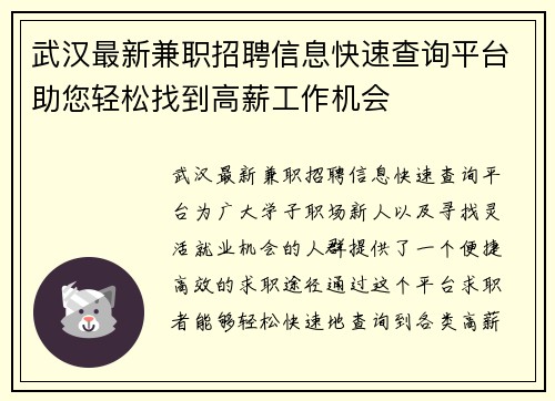 武汉最新兼职招聘信息快速查询平台助您轻松找到高薪工作机会