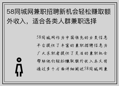 58同城网兼职招聘新机会轻松赚取额外收入，适合各类人群兼职选择