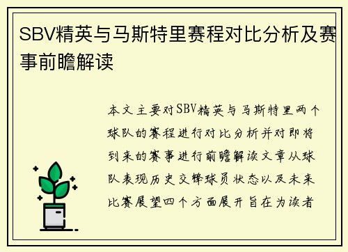 SBV精英与马斯特里赛程对比分析及赛事前瞻解读