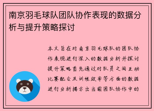 南京羽毛球队团队协作表现的数据分析与提升策略探讨