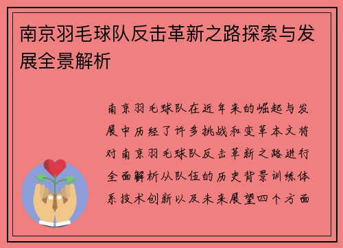 南京羽毛球队反击革新之路探索与发展全景解析